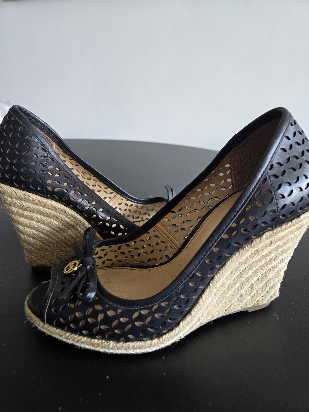 Michael Kors Black Laser-Cut Espadrille Wedge Peep Toe Size 5.5